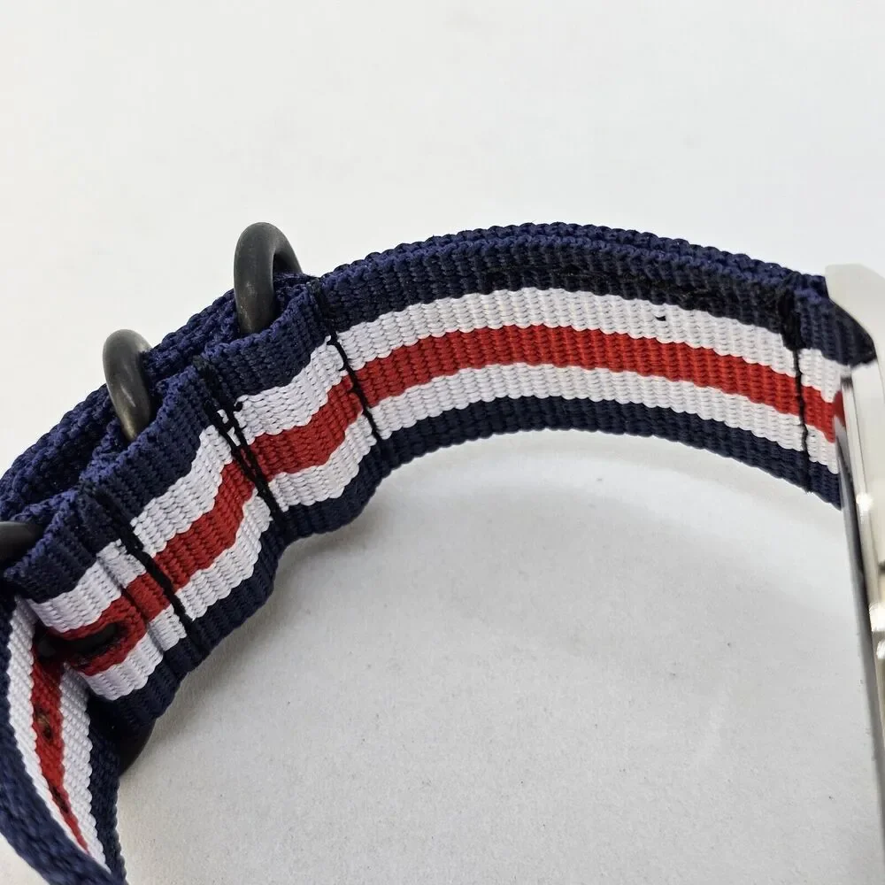 Men's Field Military Watch 42MM‎ Black Dial Blue White Red Canvas Band Straps